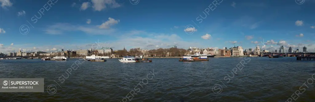 London Panoramas, London, United Kingdom. Architect: Not Applicable, 2013. River With Barges And Victoria Embankment.