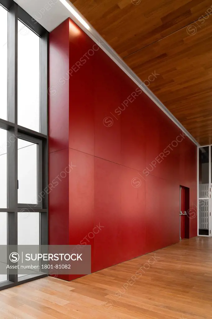 Palacio De Justicia In Burgos, Burgos, Spain. Architect: Primitivo Gonzalez Arquitecto, 2012. Interior Cladding Perspective Of Red Coloured Wall.