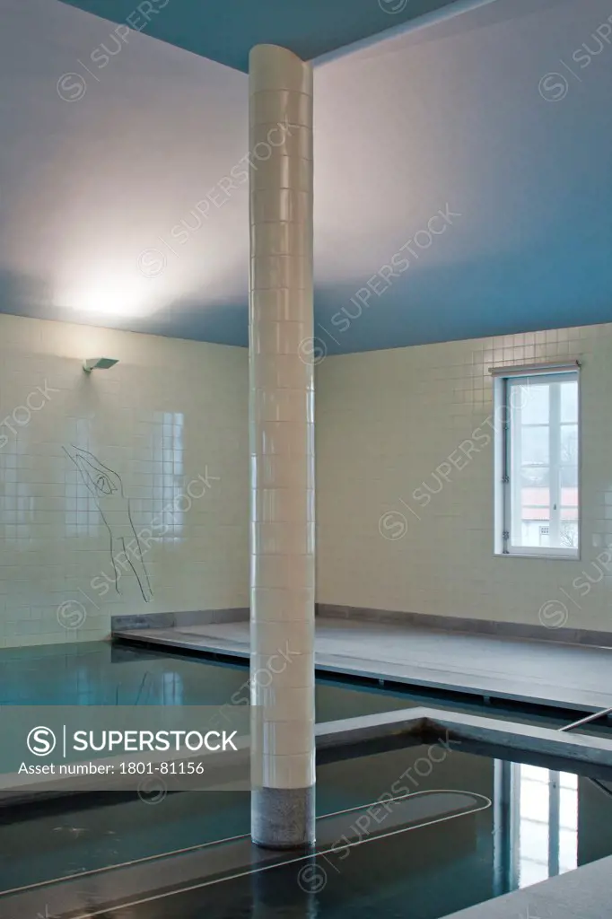 Pedras Salgadas Thermal Bath, Pedras Salgadas, Portugal. Architect: Alvaro Siza, 2012. Detail Of Interior Swimming Pool With Glazed Tiles.