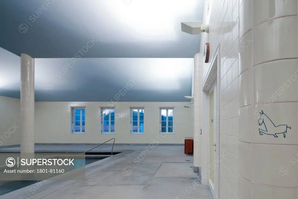 Pedras Salgadas Thermal Bath, Pedras Salgadas, Portugal. Architect: Alvaro Siza, 2012. Interior Swimming Pool With Siza Signage On Tiles.