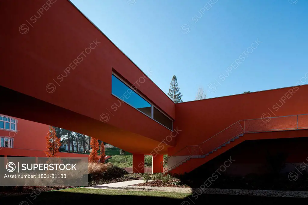 Vidago Palace & Spa, Vidago, Portugal. Architect: Alvaro Siza-Vieira, 2012. Detail Of Sienna-Coloured Spa Bridge.