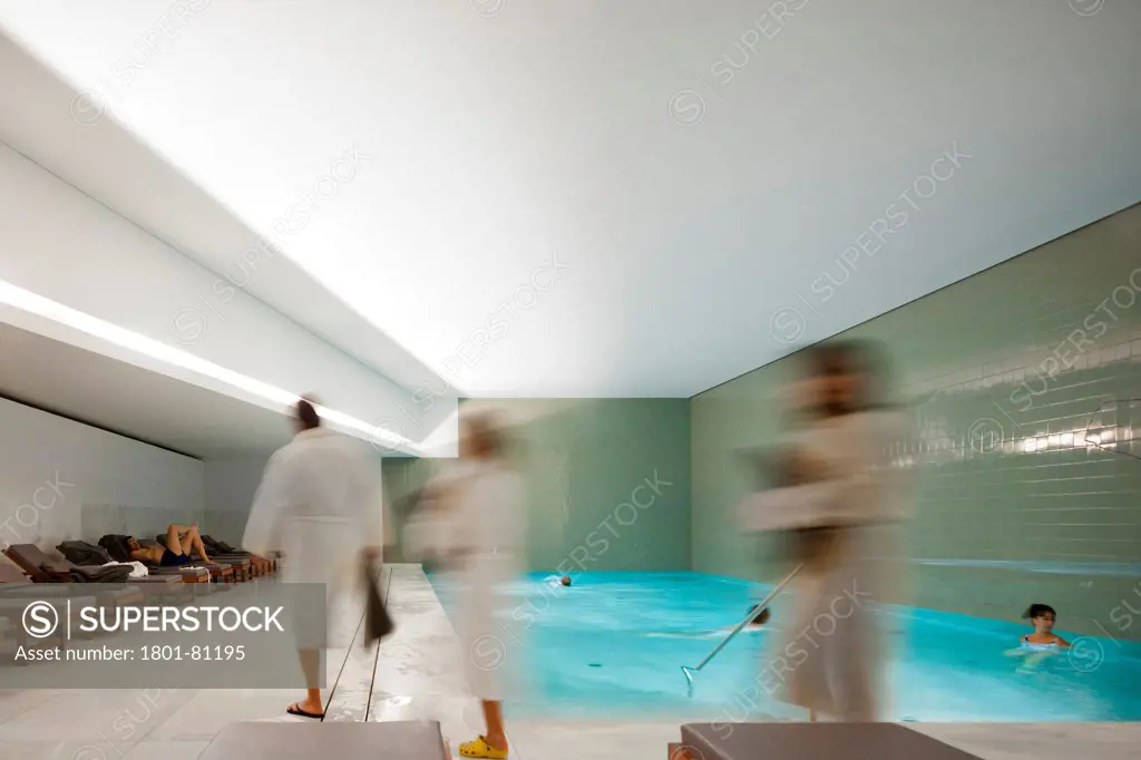 Vidago Palace & Spa, Vidago, Portugal. Architect: Alvaro Siza-Vieira, 2012. Indoor Pool With Bathers.