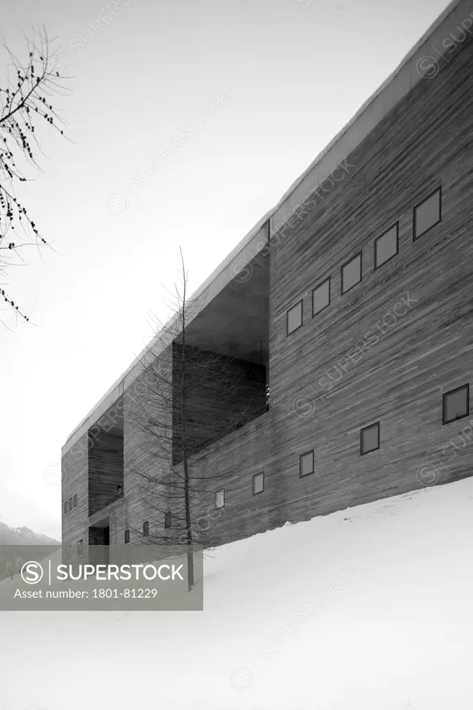 Vals Thermal Baths, Vals, Switzerland. Architect: Peter Zumthor, 1996. Grey Facade Perspective With Windows And Reveals.