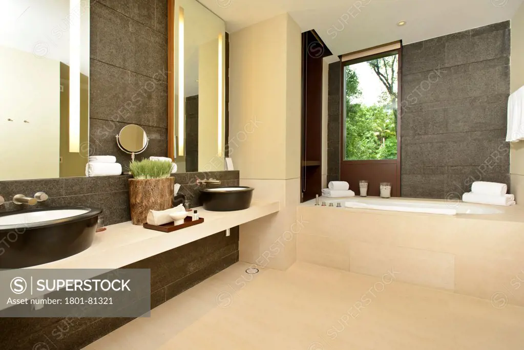 Capella Hotel, Sentosa Island, Singapore, Singapore. Architect: Foster + Partners, 2009. View Of Apartment Bathroom.