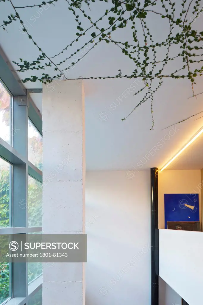 House In Girona, Palau-Sator, Girona, Spain. Architect:  Bb+Gg Beth Gali, 2005. Detail Showing Painting And Plants Adhered To The Ceiling.