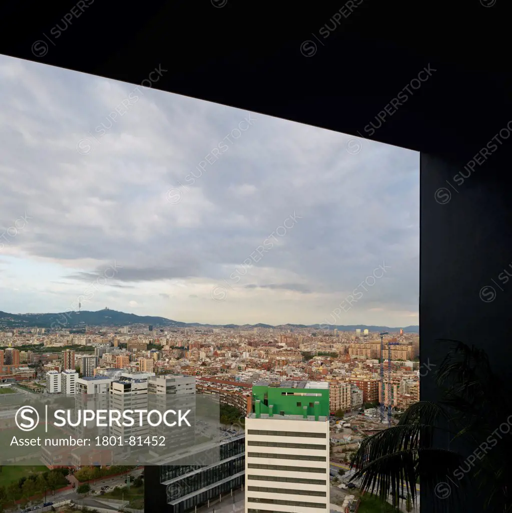 Renaissance Barcelona Fira Hotel, Barcelona, Spain. Architect: Jean Nouvel, 2012. General View Of City Of Barcelona Looking Towards L´Hospitalet.