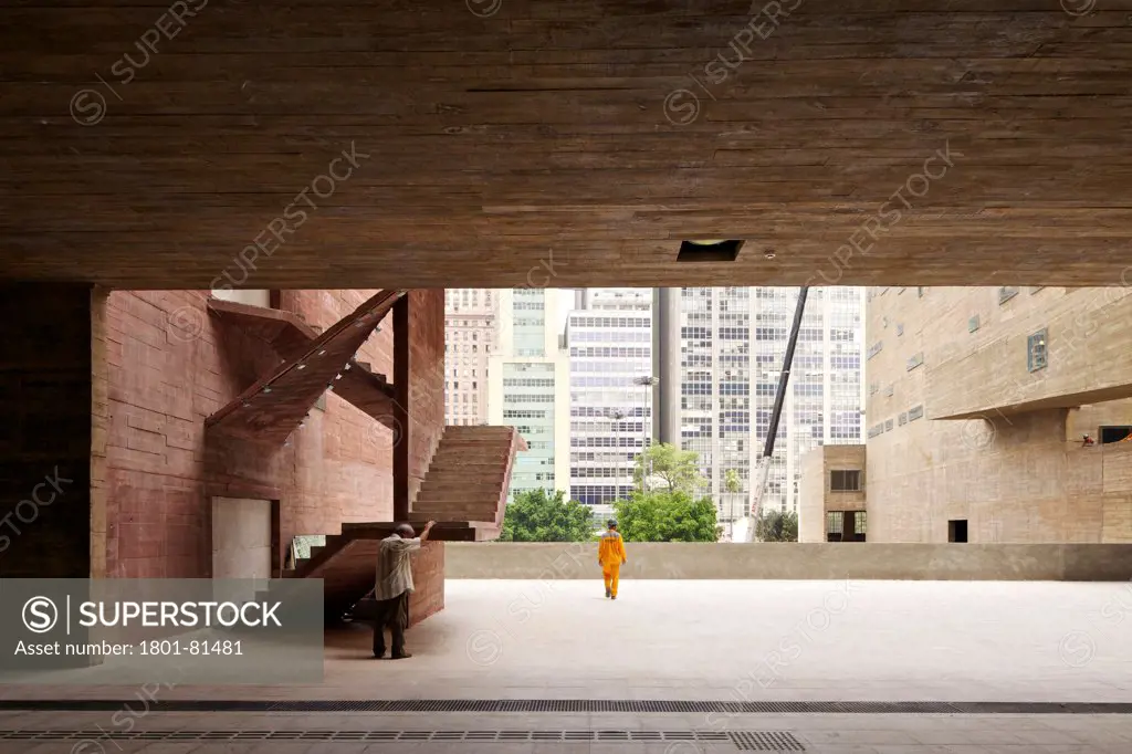 Praca Das Artes, Sao Paulo, Brazil. Architect: Brasil Arquitectura, 2012. Looking Toward The Plaza From Underneath The Covered Portico.