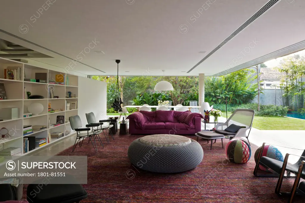 Casa Cubo, Sao Paulo, Brazil. Architect: Studio Mk27- Marcio Kogan, 2012. General View Of Living And Dining Room Opened To Garden.