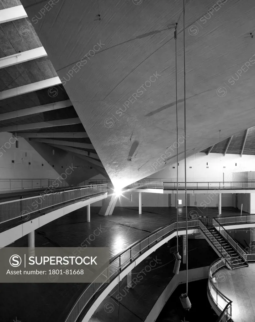 Commonwealth Institute, London, United Kingdom. Architect: Rmjm London Ltd, 1962. Main Hall Interior Showing Different Platforms And Levels.