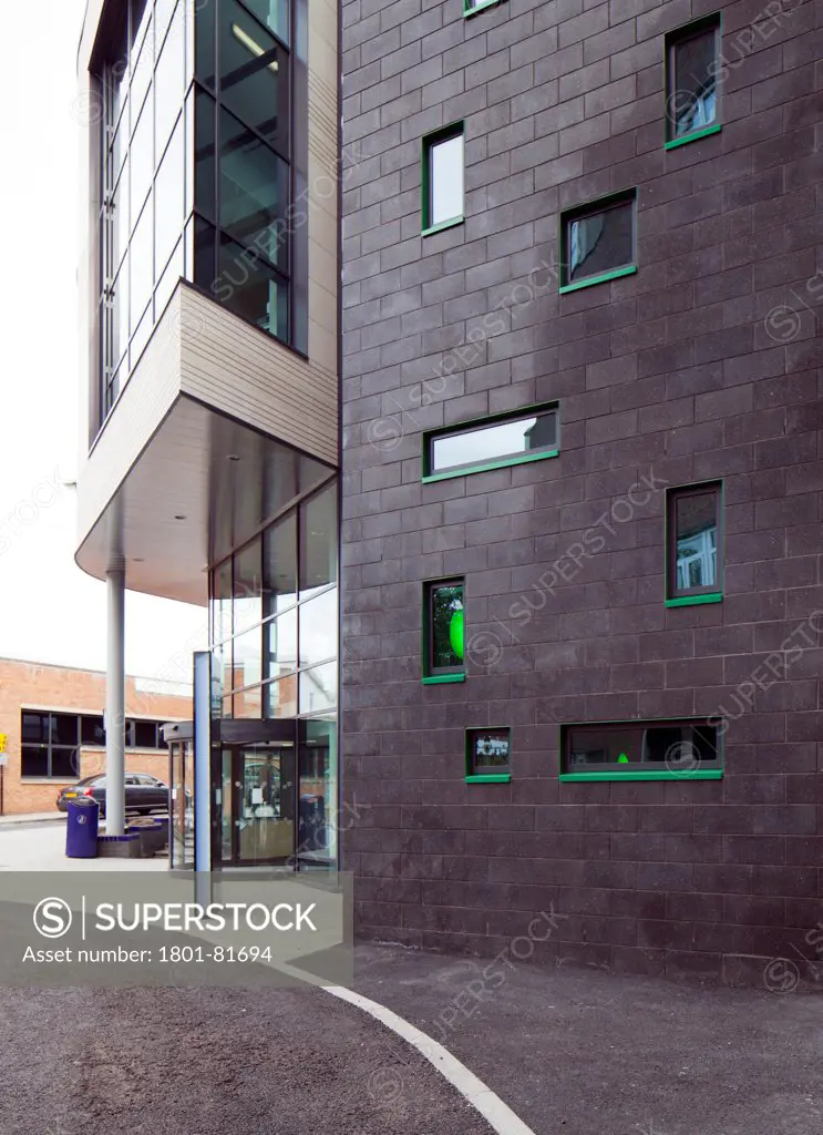 Rotherham College Of Arts & Technology, Rotherham, United Kingdom. Architect: Bond Bryan Architects Ltd, 2011. Detail Of Entrance Facade With Black Brick Cladding.