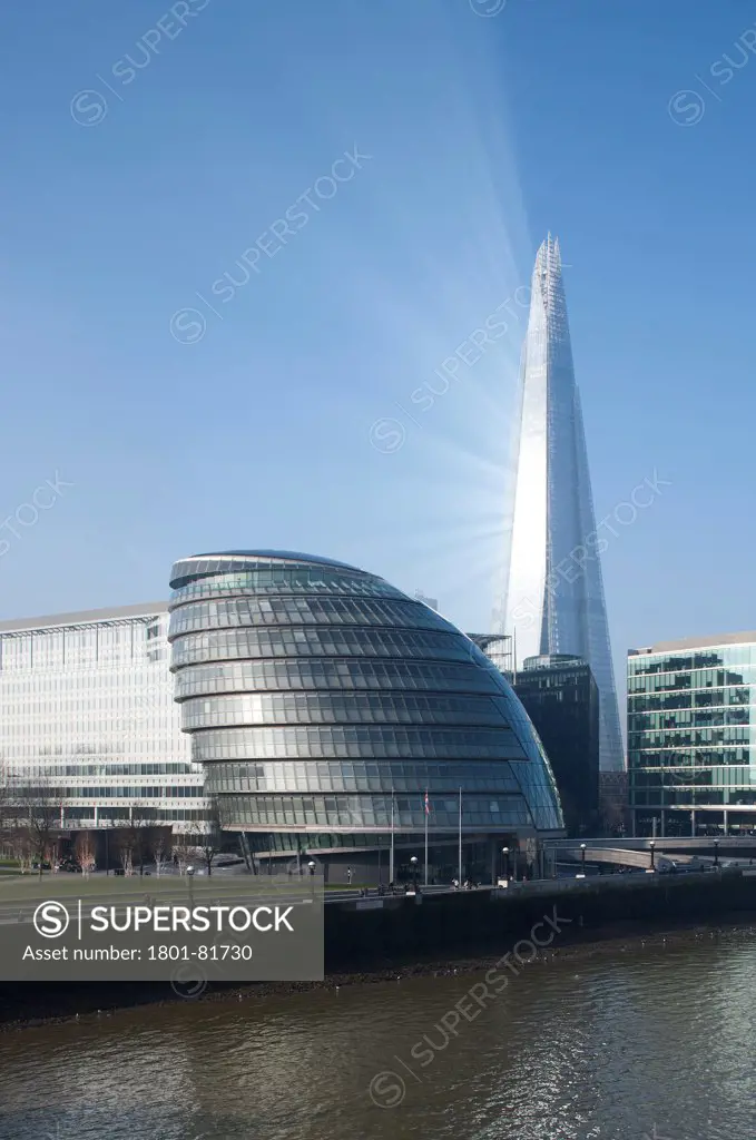 The Shard, London, United Kingdom. Architect: Renzo Piano Building Workshop, 2012. View From London Bridge With Light Refraction Including City Hall.