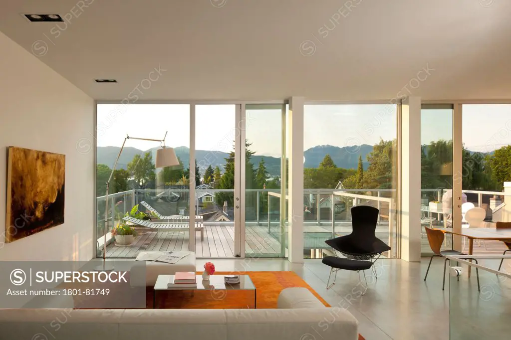 Monad, Vancouver, Canada. Architect:  Lwpac, 2012. Living Room Interior With View To Balcony.