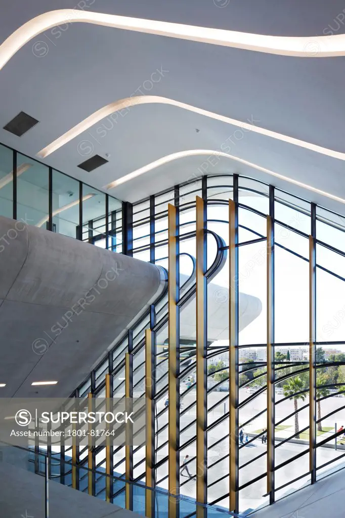 Pierresvives, Montpellier, France. Architect: Zaha Hadid Architects, 2012. Pierres Vives, Large Window Looking Out From The Central Mezzanine Atrium Showing Louvres And Ceiling.