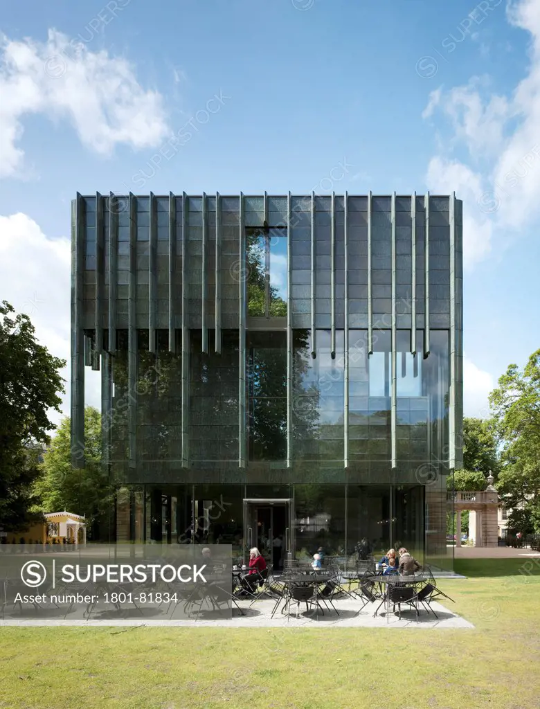 Holburne Museum, Bath, United Kingdom. Architect: Eric Parry Architects Ltd, 2011. General View Of New Cafe And Galleries Above Adjoining Existing Building, Which Opens From The East-Facing Garden Elevation Showing The Ceramic Fins Projecting Over The Glazed Facade.