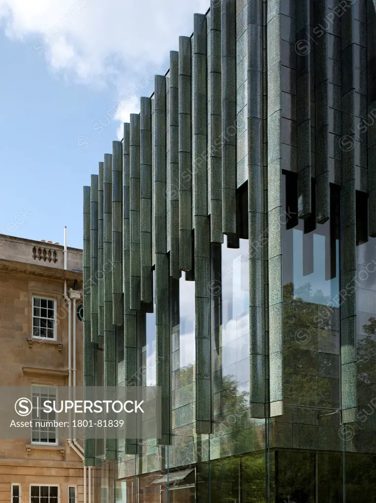 Holburne Museum, Bath, United Kingdom. Architect: Eric Parry Architects Ltd, 2011. Section Of The Facade Showing Suspended Faience Fins On The Background Of The Old Facade - Each Was Made From Clay Slip In A Mould Before Drying Naturally In A Drying Kiln. A Base Coat Contains Manganese And Copper, Topped By Mottled Manganese And Titanium Oxide.