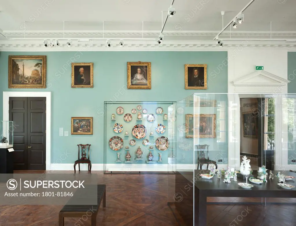 Holburne Museum, Bath, United Kingdom. Architect: Eric Parry Architects Ltd, 2011. View Of The Ballroom Housing The Permanent Exhibition Of Georgian Artefacts, Including Tableware.