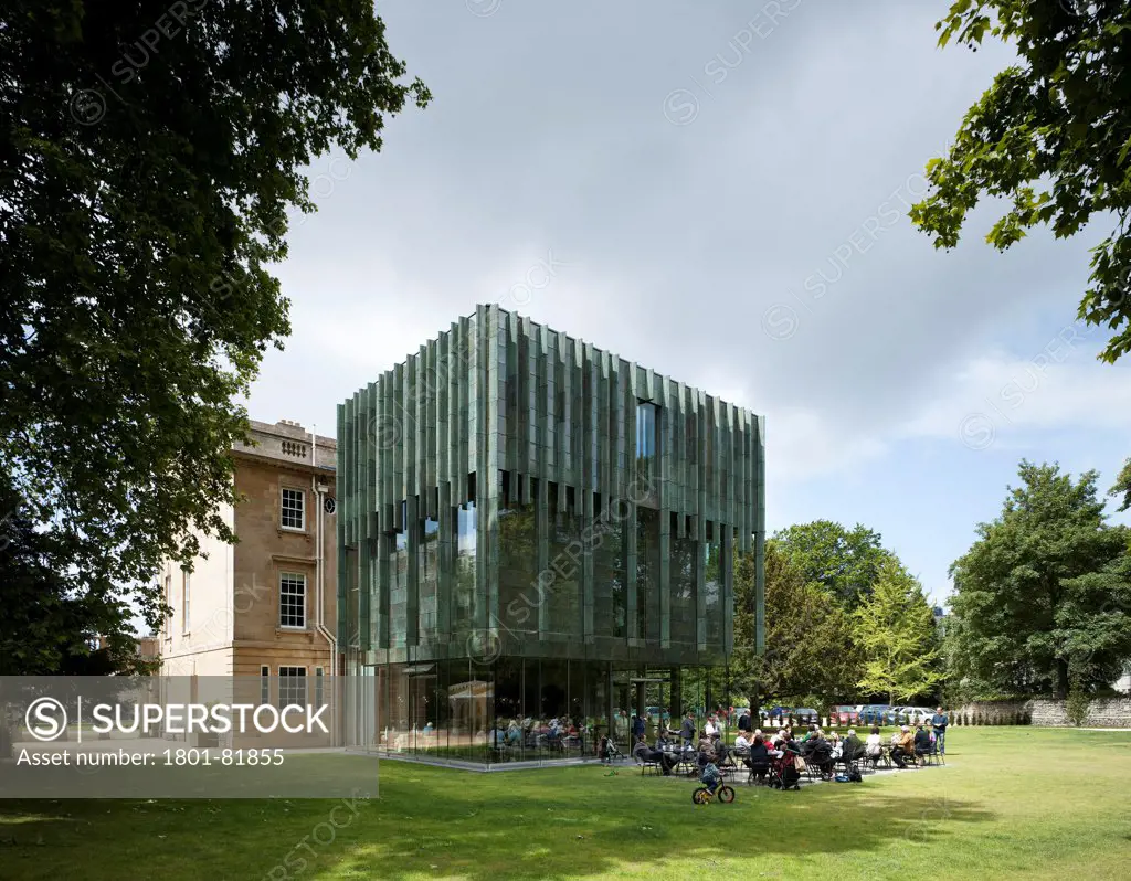 Holburne Museum, Bath, United Kingdom. Architect: Eric Parry Architects Ltd, 2011. Oblique General View Of New Cafe And Galleries Above Adjoining Existing Building, Which Opens From The East-Facing Garden Elevation Showing The Ceramic Fins Projecting Over The Glazed Facade.