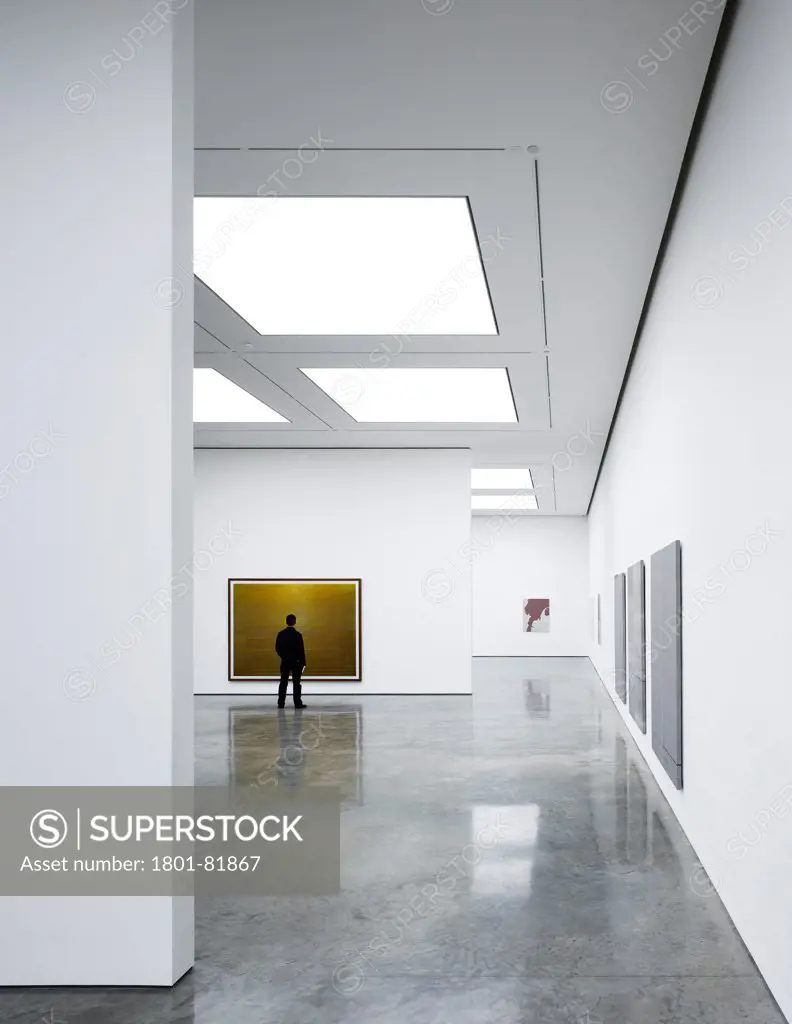 White Cube Bermondsey, London, United Kingdom. Architect: Casper Mueller Kneer Architects, 2011. View Along The South Galleries Exhibition Spaces With Stretch Ceiling Panels And Track Lighting.