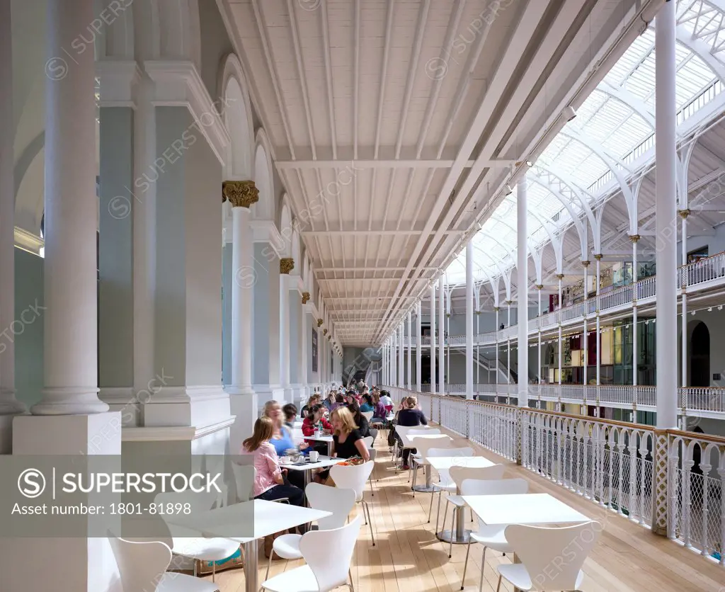 National Museum Of Scotland Redevelopment, City Of Edinburgh, United Kingdom. Architect: Gareth Hoskins Architects, 2011. View Of The Cafe On The Second Level Of The Grand Gallery.
