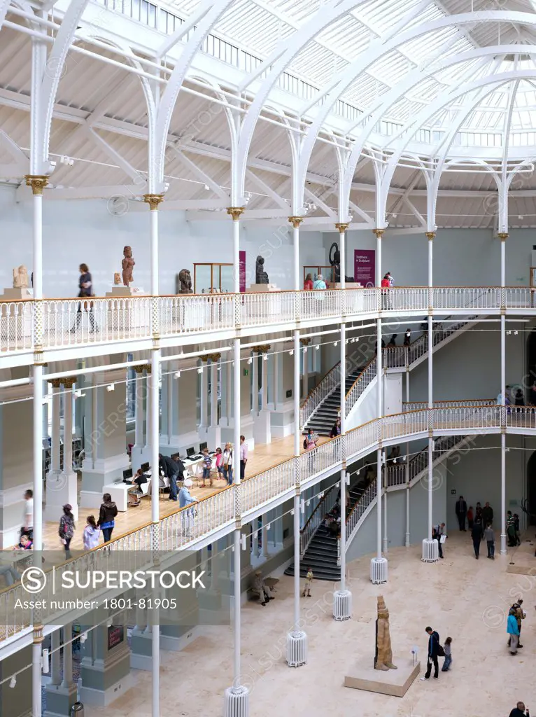 National Museum Of Scotland Redevelopment, City Of Edinburgh, United Kingdom. Architect: Gareth Hoskins Architects, 2011. Elevated View Of The Grand Gallery Exhibition Space With Visitors.