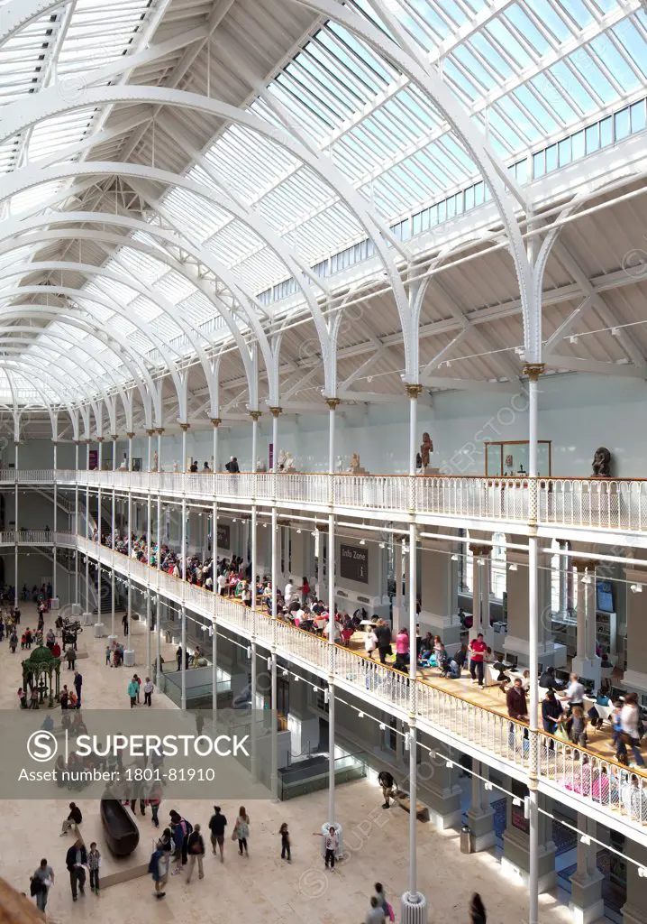 National Museum Of Scotland Redevelopment, City Of Edinburgh, United Kingdom. Architect: Gareth Hoskins Architects, 2011. Elevated View Of The Grand Gallery Exhibition Space With Visitors.