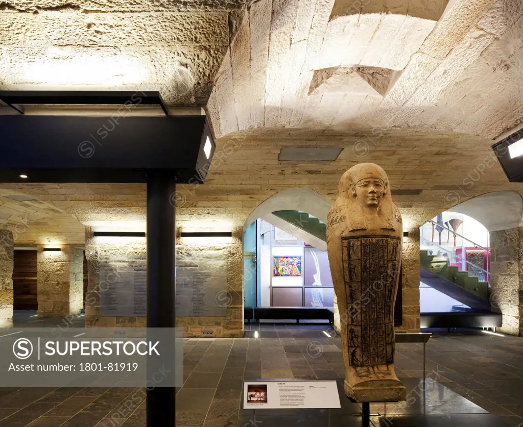National Museum Of Scotland Redevelopment, City Of Edinburgh, United Kingdom. Architect: Gareth Hoskins Architects, 2011. View Of An Egyptian Statue In The Sandstone Entrance Hall.