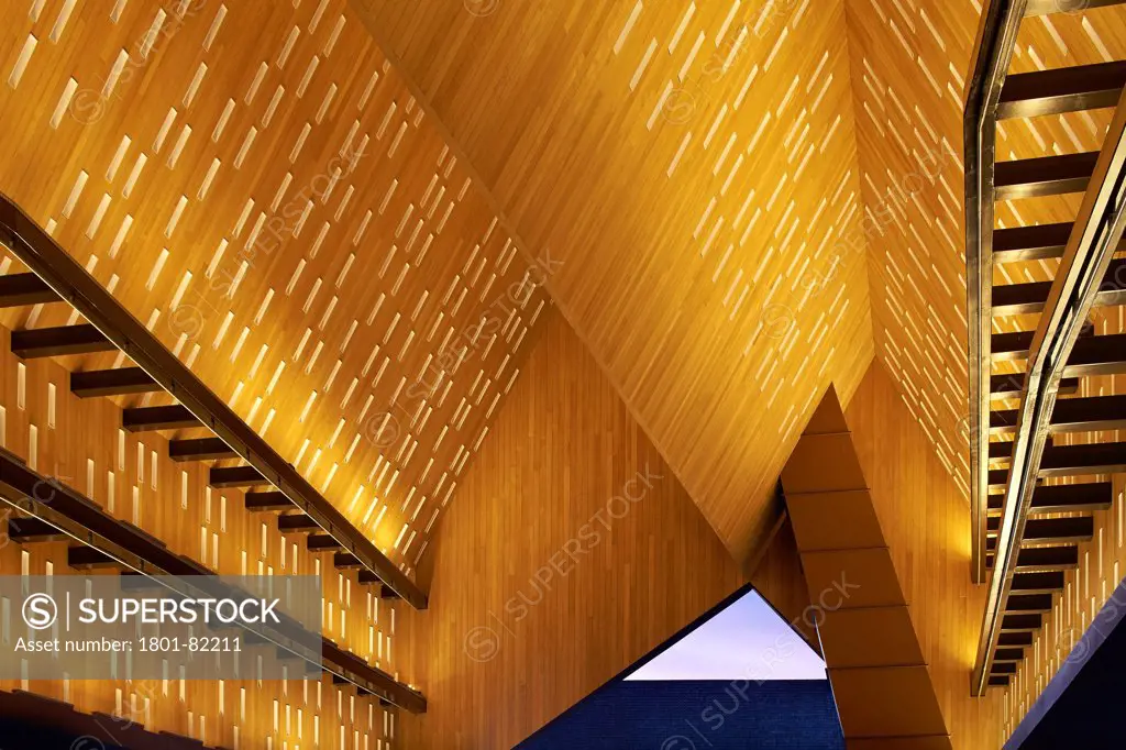 Ghent Market Hall, Ghent, Belgium. Architect: Robbrecht and Daem + Marie-Jose Van Hee, 2013. View upwards to folded timber roof.