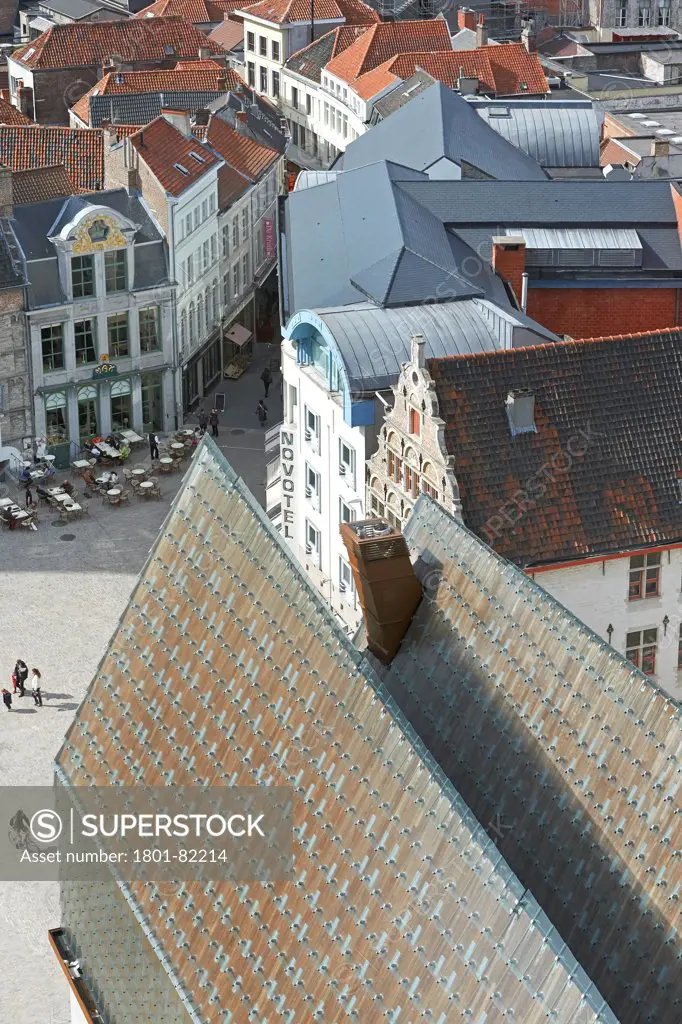 Ghent Market Hall, Ghent, Belgium. Architect: Robbrecht and Daem + Marie-Jose Van Hee, 2013. Bird's eye view of folded roof and context.