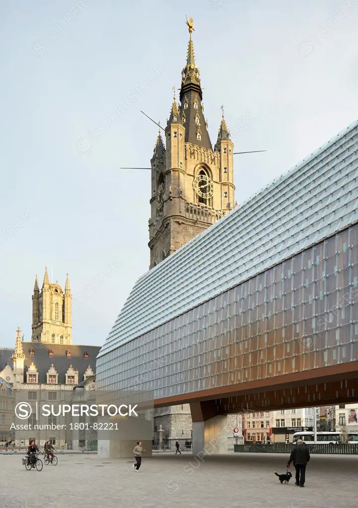 Ghent Market Hall, Ghent, Belgium. Architect: Robbrecht and Daem + Marie-Jose Van Hee, 2013. Building facade perspective with context.