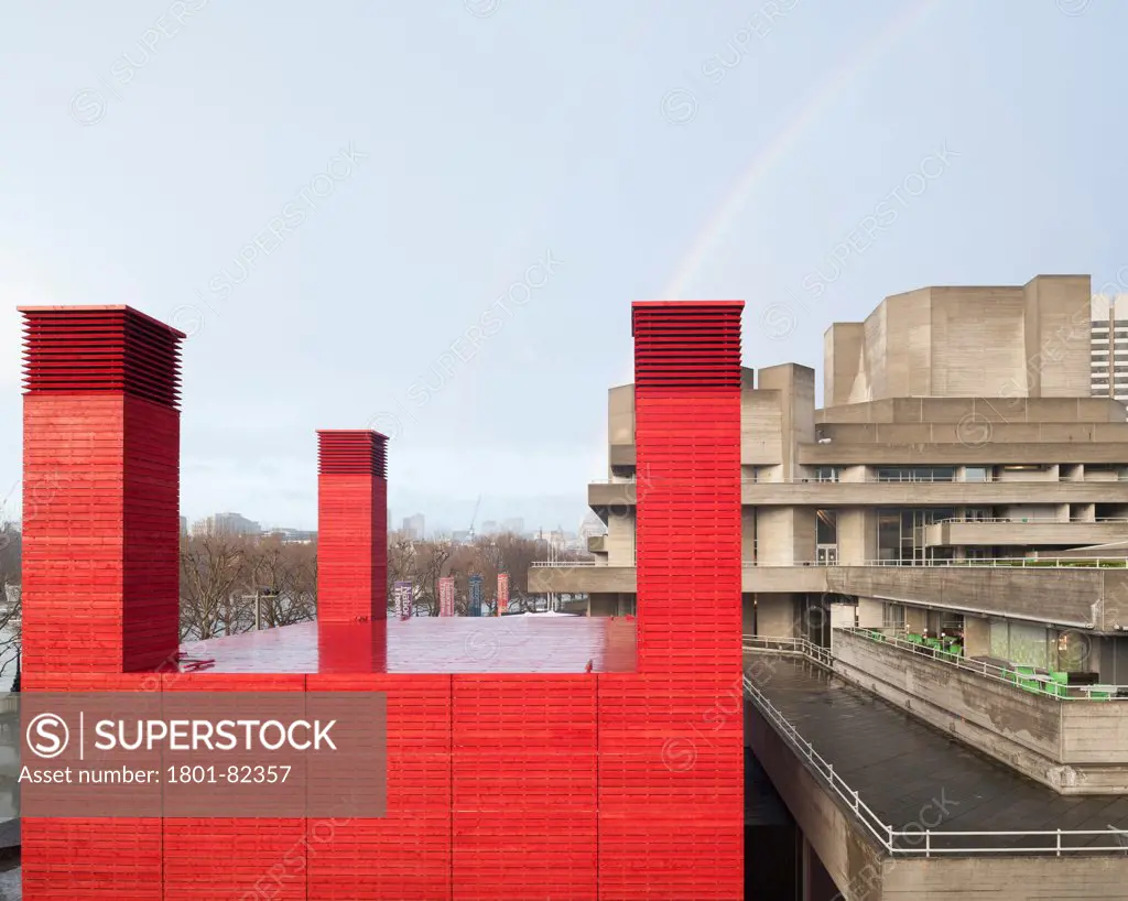 The Shed, London, United Kingdom. Architect: Haworth Tompkins Limited, 2013. View from Waterloo Bridge looking East with rainbow.