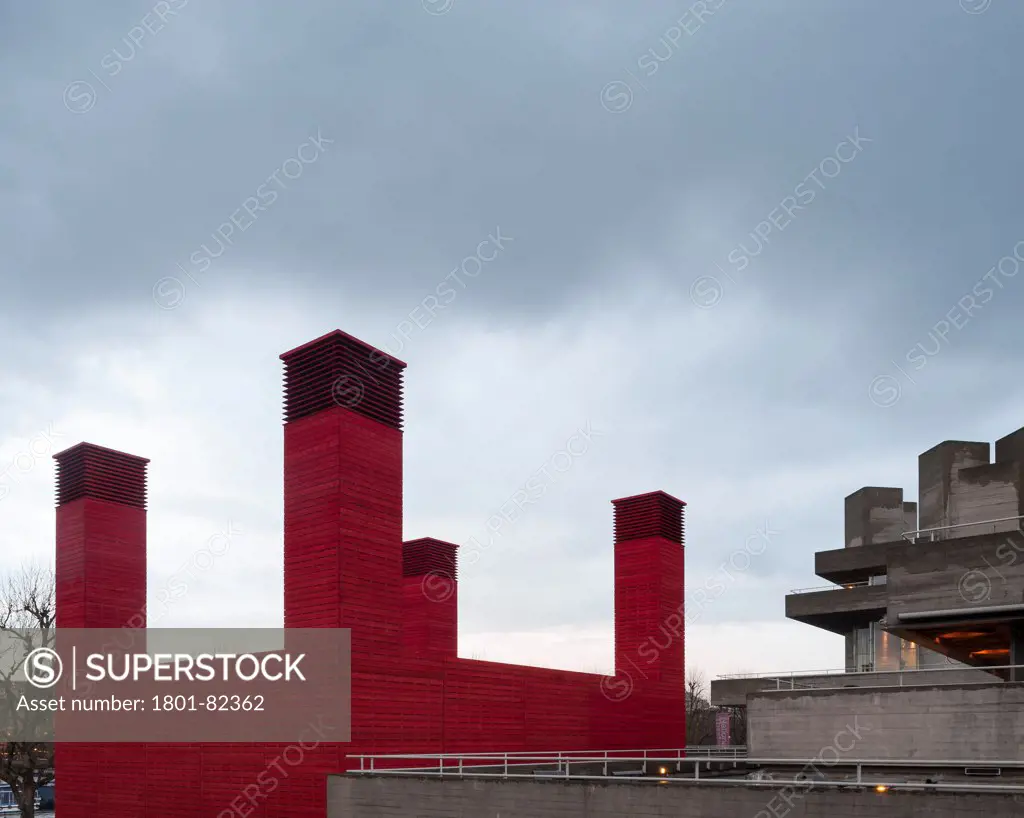 The Shed, London, United Kingdom. Architect: Haworth Tompkins Limited, 2013. View of natural ventilation chimneys adjacent to National Theatre.