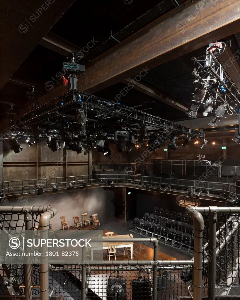 The Shed, London, United Kingdom. Architect: Haworth Tompkins Limited, 2013. View from theatre's balcony to stage.