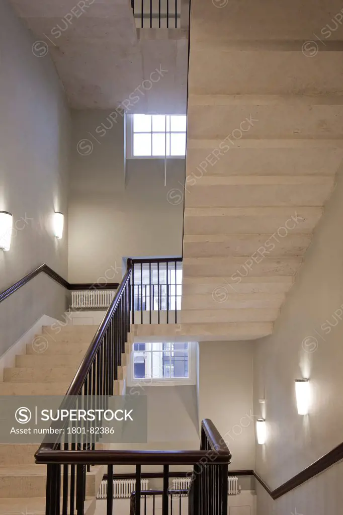 Oxford University's Radcliffe Humanities, Oxford, United Kingdom. Architect: Purcell Miller Tritton LLP, 2012. Stone staircase.
