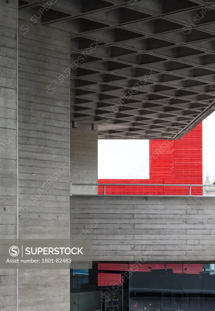 The Shed, London, United Kingdom. Architect: Haworth Tompkins Limited, 2013. Abstract view of The Shed, looking through the concrete pillars and coffered ceiling of the National Theatre.