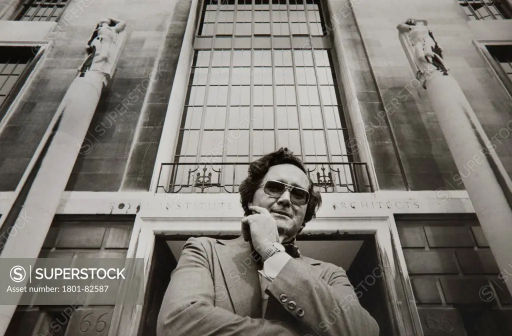 Architects' portraits by Anthony Weller, United Kingdom. Architect: Various. Owen Luder outside the RIBA. Probably taken in 1980s.