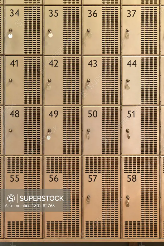 Bronze-coloured numbered lockers in cloakrooms, De Pont Museum of Contemporary Art, Tilburg, The Netherlands (architects: Benthem Crouwel Architekten)