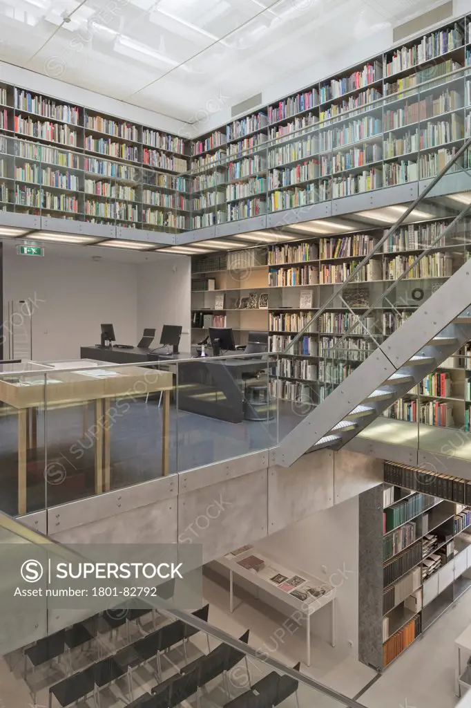Library interior with staircase and illuminated walkways with view to three levels, Van Abbemuseum, Eindhoven, The Netherlands (architects: Abel Cahen)