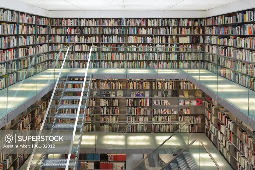Library interior with staircase and illuminated walkways, Van Abbemuseum, Eindhoven, The Netherlands (architects: Abel Cahen)