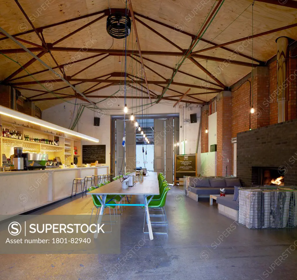 Camp and Furnace, Liverpool, United Kingdom. Architect: FWMA+ and Smiling Wolf, 2012. Details of plywood furnishing in reception and eatery.