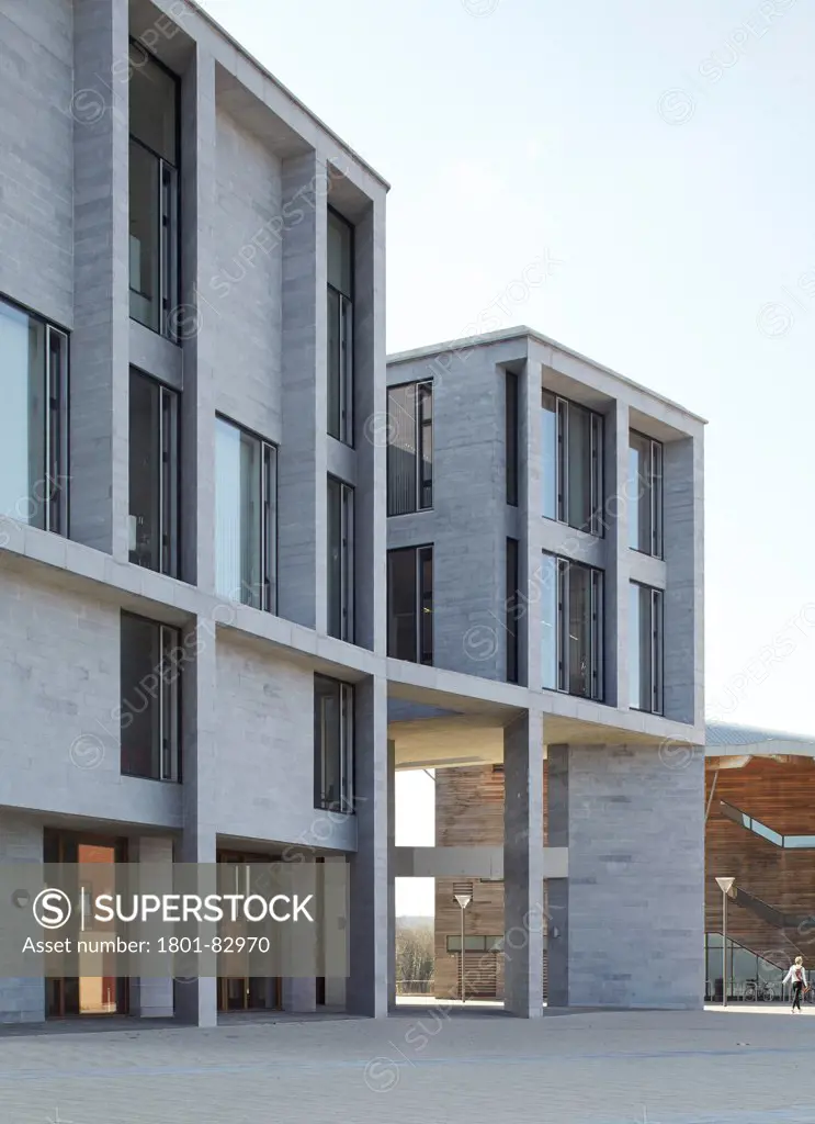 Medical School Building and Student Accommodation University Limerick, Limerick, Ireland. Architect: Grafton Architects, 2012. Limestone facade with main entrance in perspective.