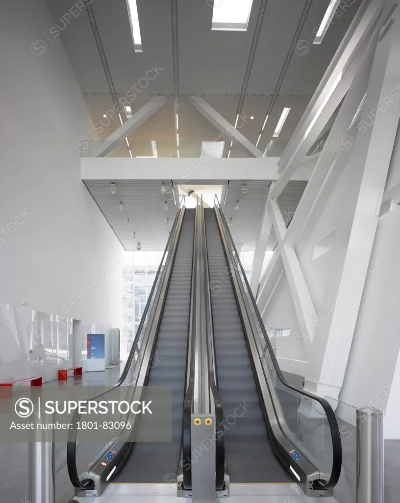 Villa Mediterranee, Marseilles, France. Architect: Stefano Boeri, 2013. Triple-height entrance hall with escalator.