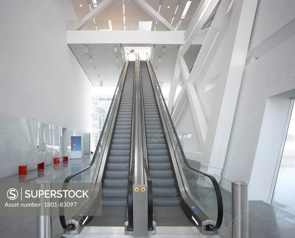 Villa Mediterranee, Marseilles, France. Architect: Stefano Boeri, 2013. Triple-height entrance hall with escalator.
