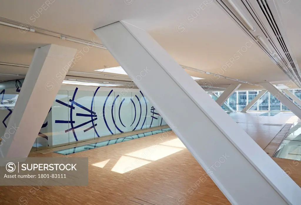 Villa Mediterranee, Marseilles, France. Architect: Stefano Boeri, 2013. Exhibition space interior with structural beam.