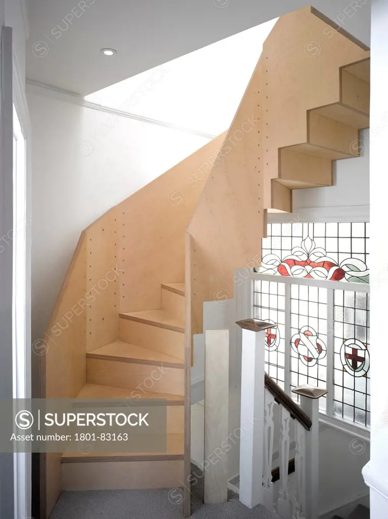 Farrer House, London, United Kingdom. Architect: West Architecture, 2013. Plywood staircase.