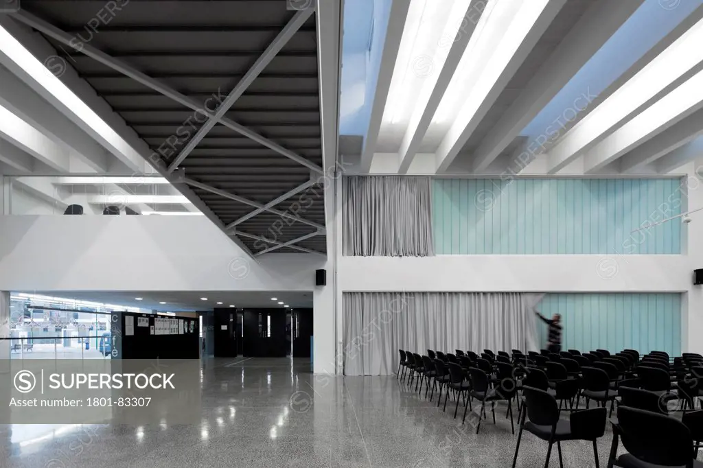 Burgos Art School, Burgos, Spain. Architect: Primitivo Gonzalez, 2011. Flexible and multifunctional conference hall next to main foyer.