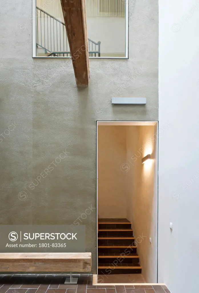 Apartments in Barcelona, Barcelona, Spain. Architect: LABA Arquitectura, 2013. Interior detail of stairwell access.