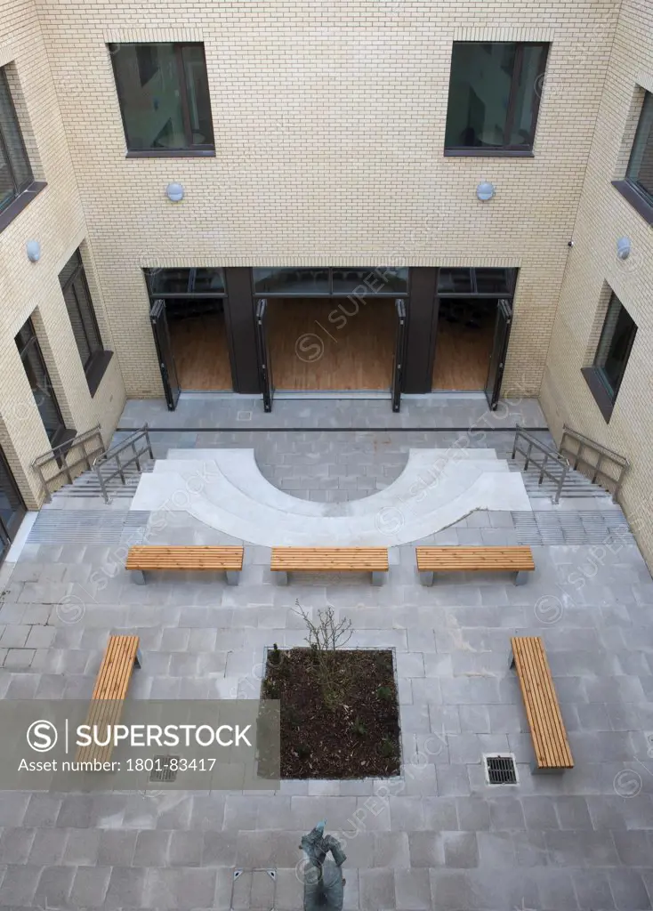 Newlands School, London, United Kingdom. Architect: Wright and Wright Architects, 2013. Central courtyard with amphitheater from above.