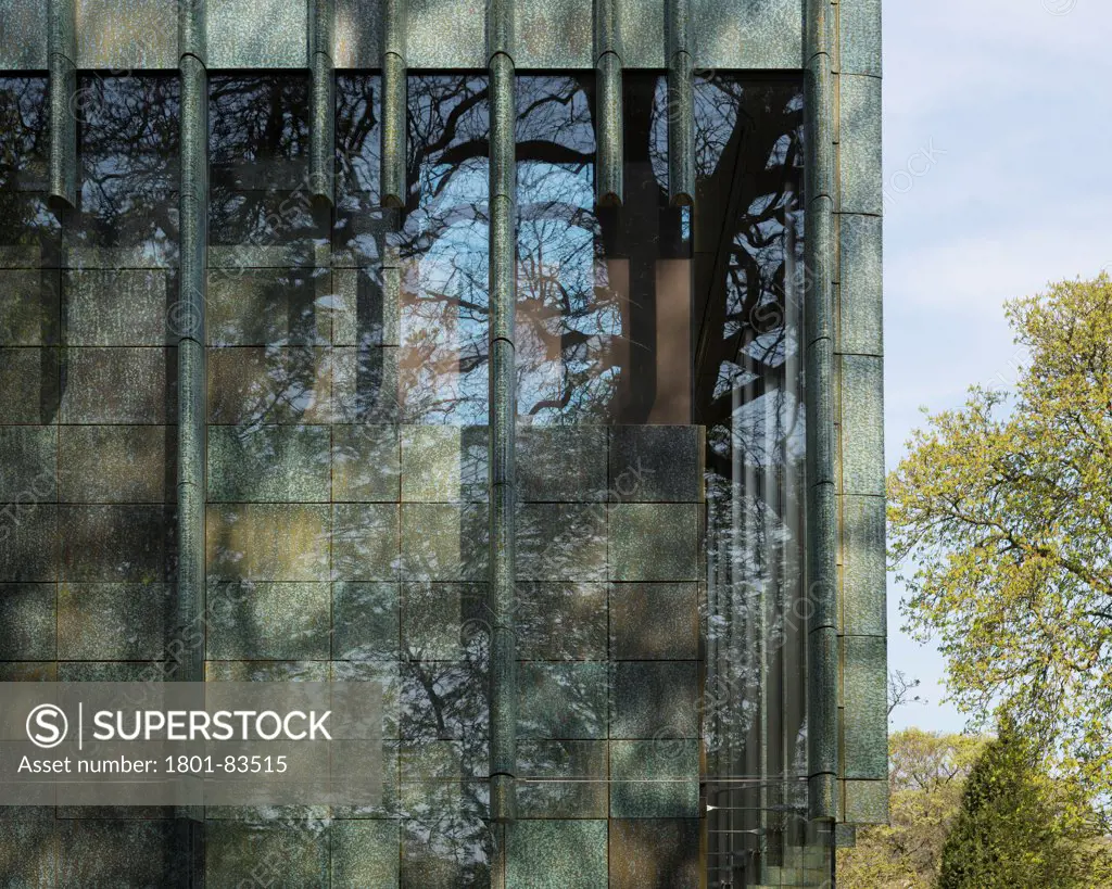 Holburne Museum, Bath, United Kingdom. Architect: Eric Parry Architects Ltd, 2011. Facade detail with reflection of trees.