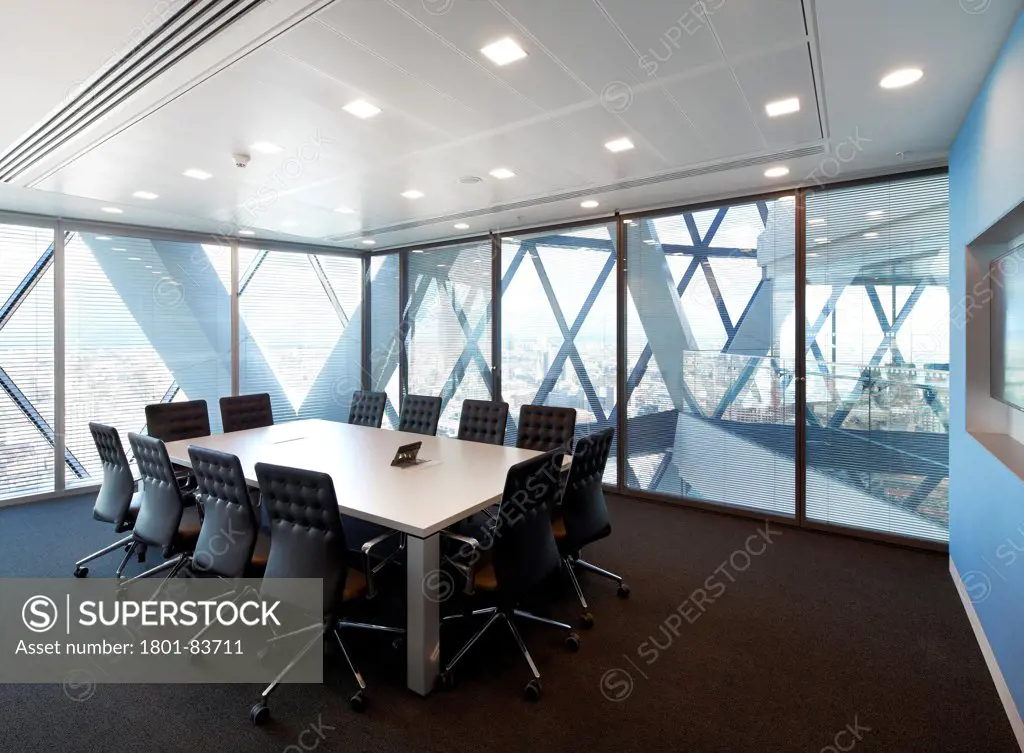Office space at 30 St Mary Axe (the Gherkin), London, United Kingdom. Architect: Michael O'Sullivan, 2012. View of the meeting space / boardroom.