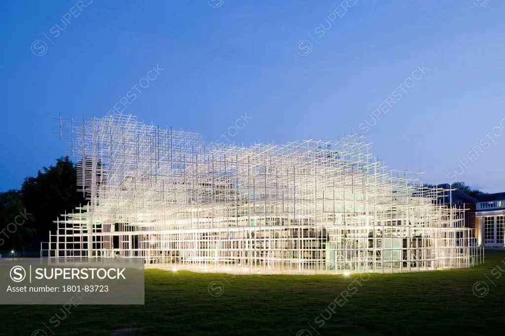 Serpentine Pavilion 2013, London, United Kingdom. Architect: SOU FUJIMOTO, 2013. Dusk view of Pavilion.